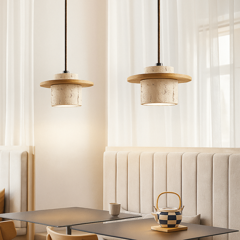 AetherNova | Suspension en Travertin & Bois – Design Rétro avec Câble Réglable