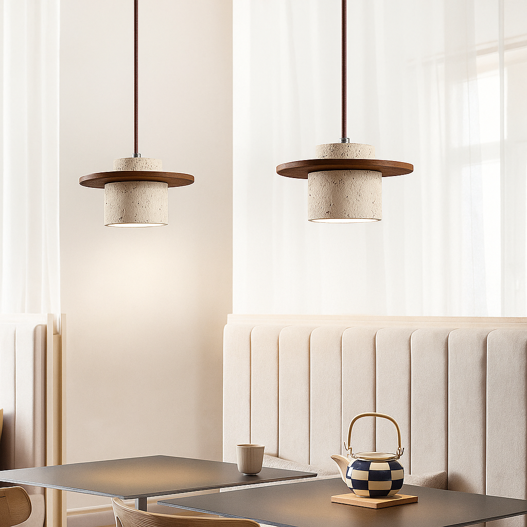 AetherNova | Suspension en Travertin & Bois – Design Rétro avec Câble Réglable