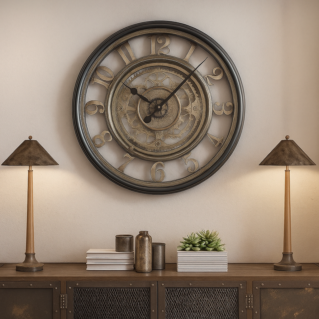 RusticGear – Grande Horloge Murale Industrielle | Métal Léger | 50 cm | Chiffres Arabes & Engrenages Mobiles