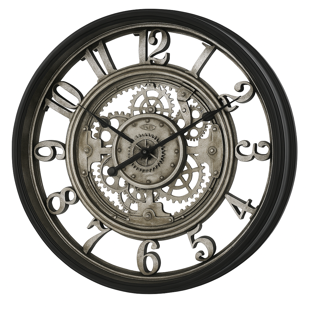 RusticGear – Grande Horloge Murale Industrielle | Métal Léger | 50 cm | Chiffres Arabes & Engrenages Mobiles