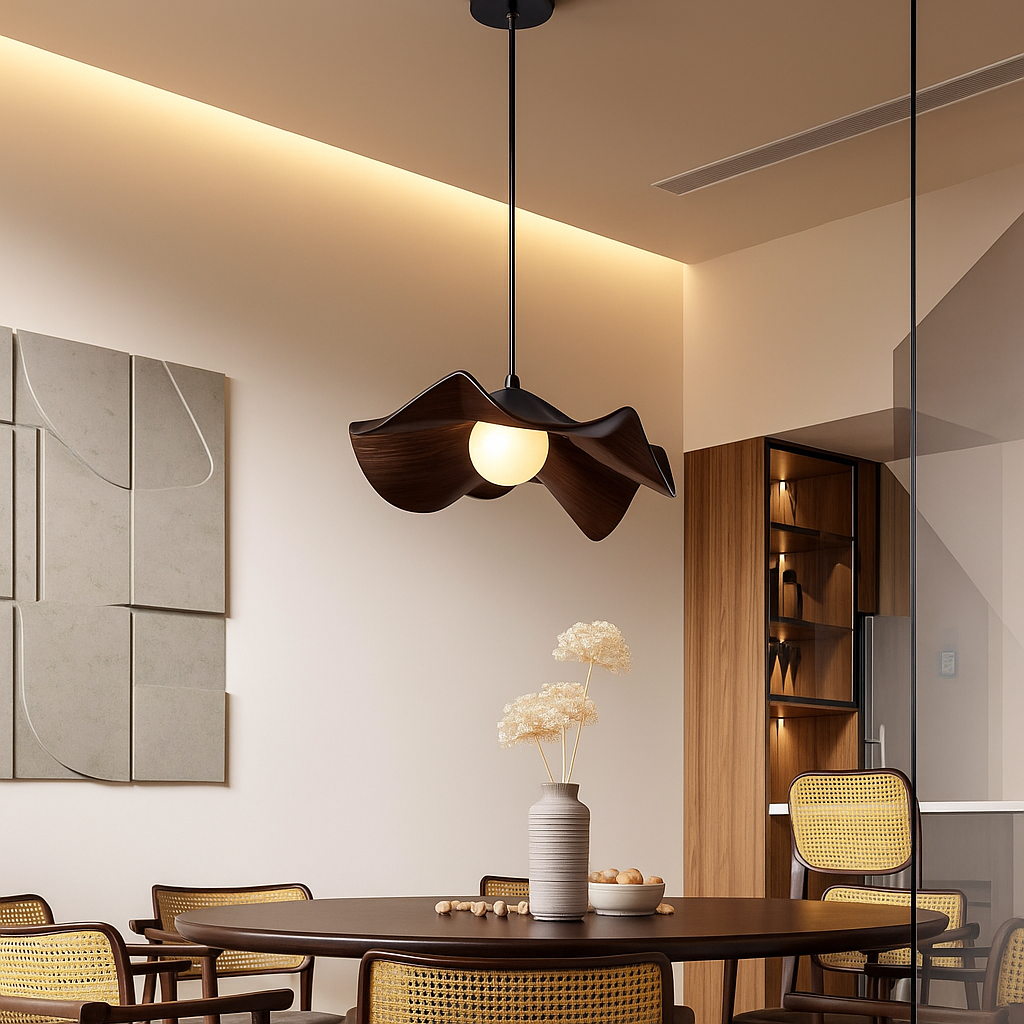 ElementBois – Suspension en Résine & Métal – Plafonnier Design Lotus Naturel