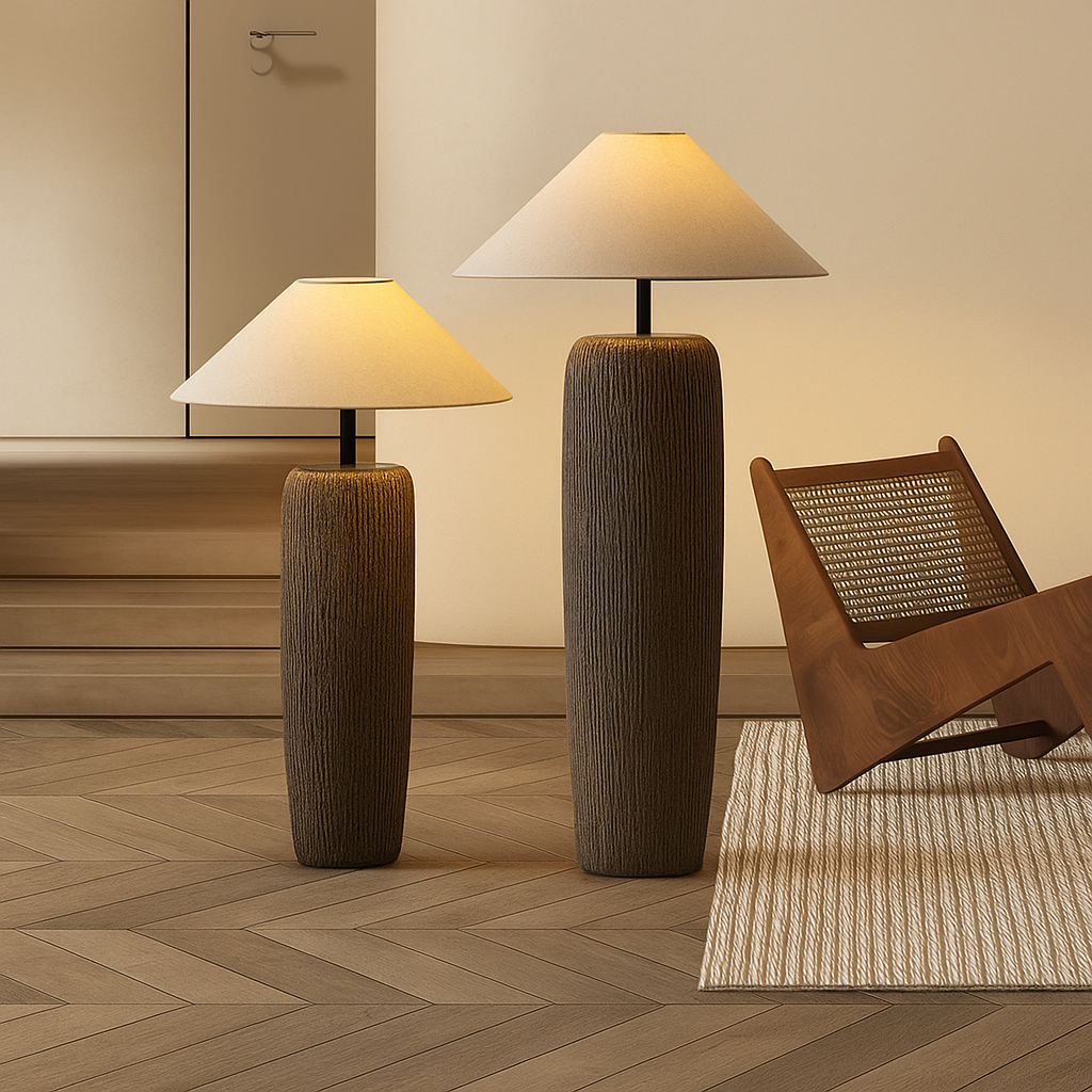 Garí Stamme – Lampadaire Japandi en Bois Massif & Lin – Design Minimaliste – 2 Tailles Disponibles
