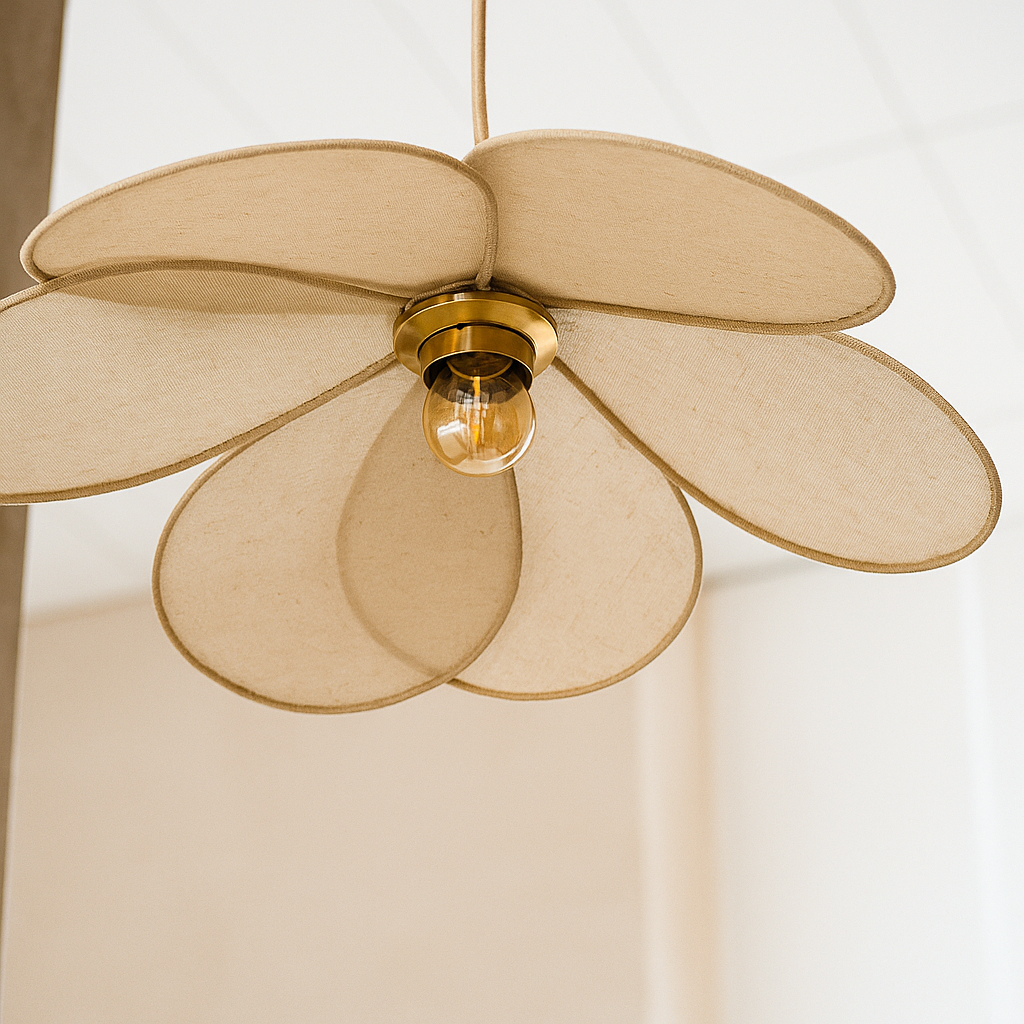 Fleur Feuilles | Suspension en rotin, métal et tissu – Design floral – Éclairage naturel et décoratif