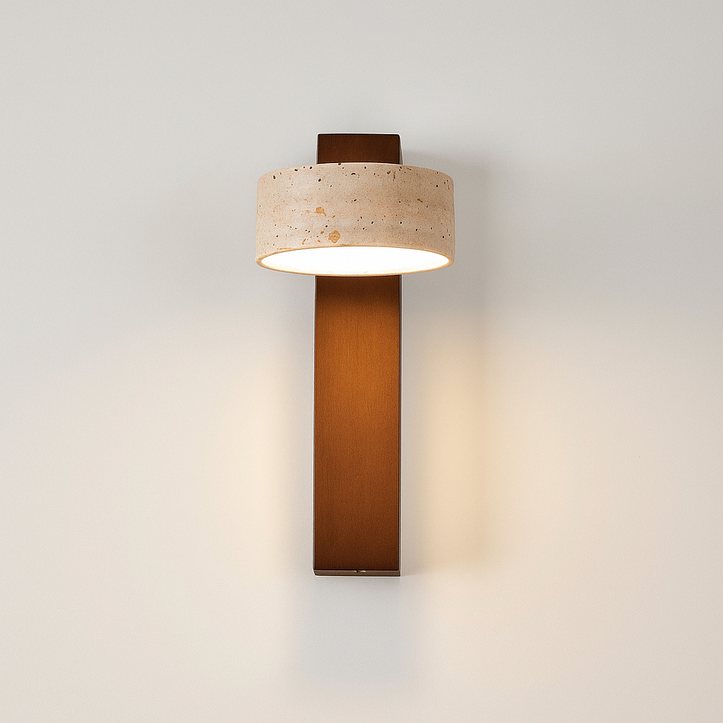 Ciment Chíc | Applique Murale en Travertin & Bois – Design Minimaliste – LED 3W – Style Industriel & Japandi