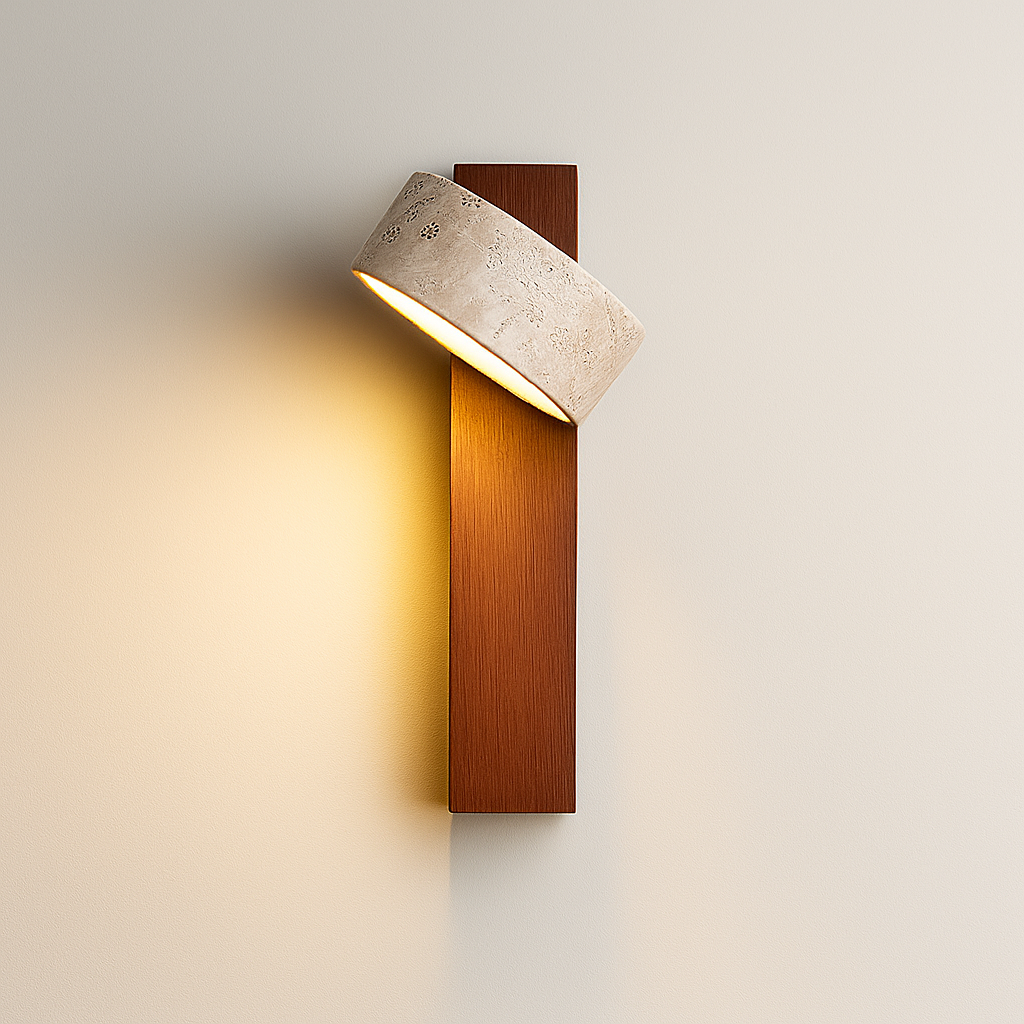 Ciment Chíc | Applique Murale en Travertin & Bois – Design Minimaliste – LED 3W – Style Industriel & Japandi
