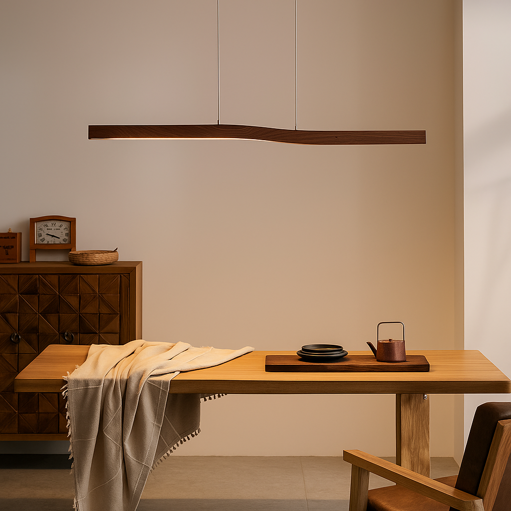 Noyara – Suspension en Bois Foncé Style Japandi | LED Intégrée | 100–120 cm