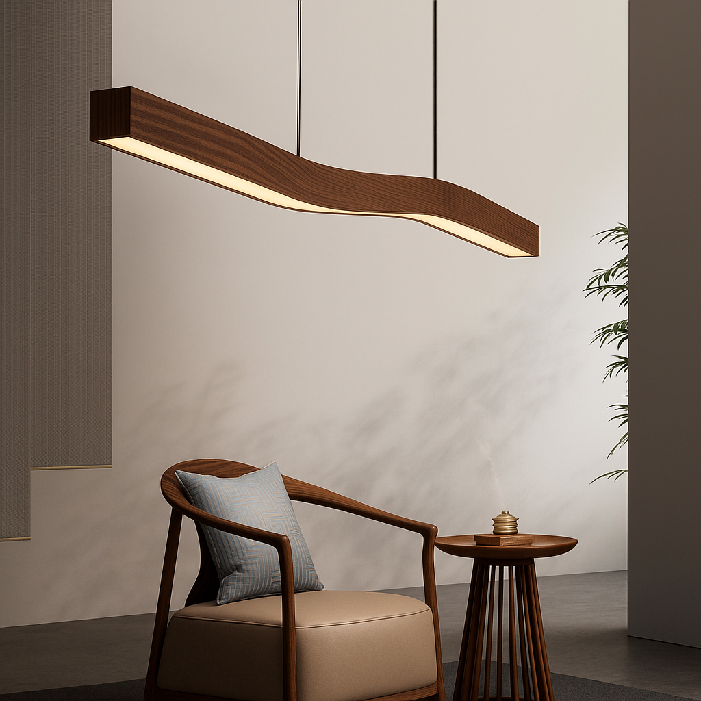 Noyara – Suspension en Bois Foncé Style Japandi | LED Intégrée | 100–120 cm