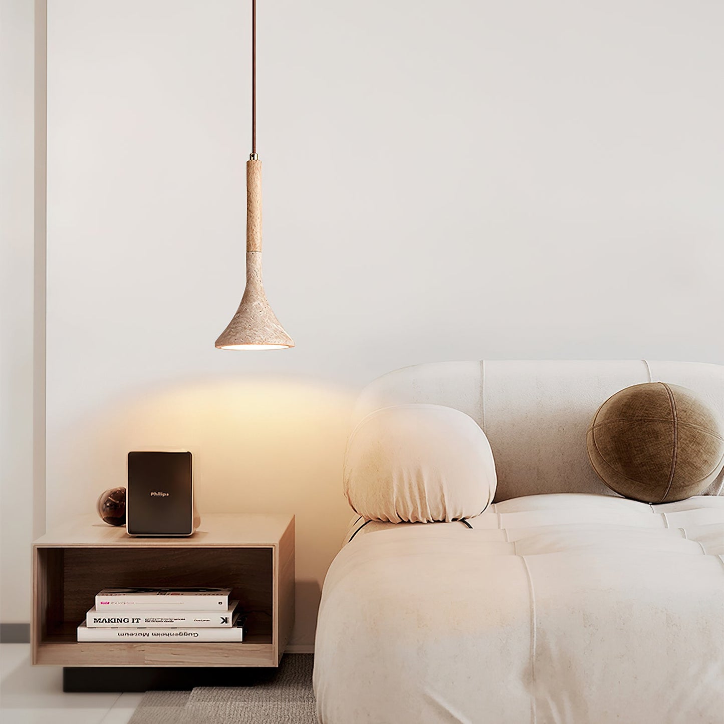 SerenoTrav | Suspension en Travertin Naturel – Design Minimaliste – Finition Bois & Pierre