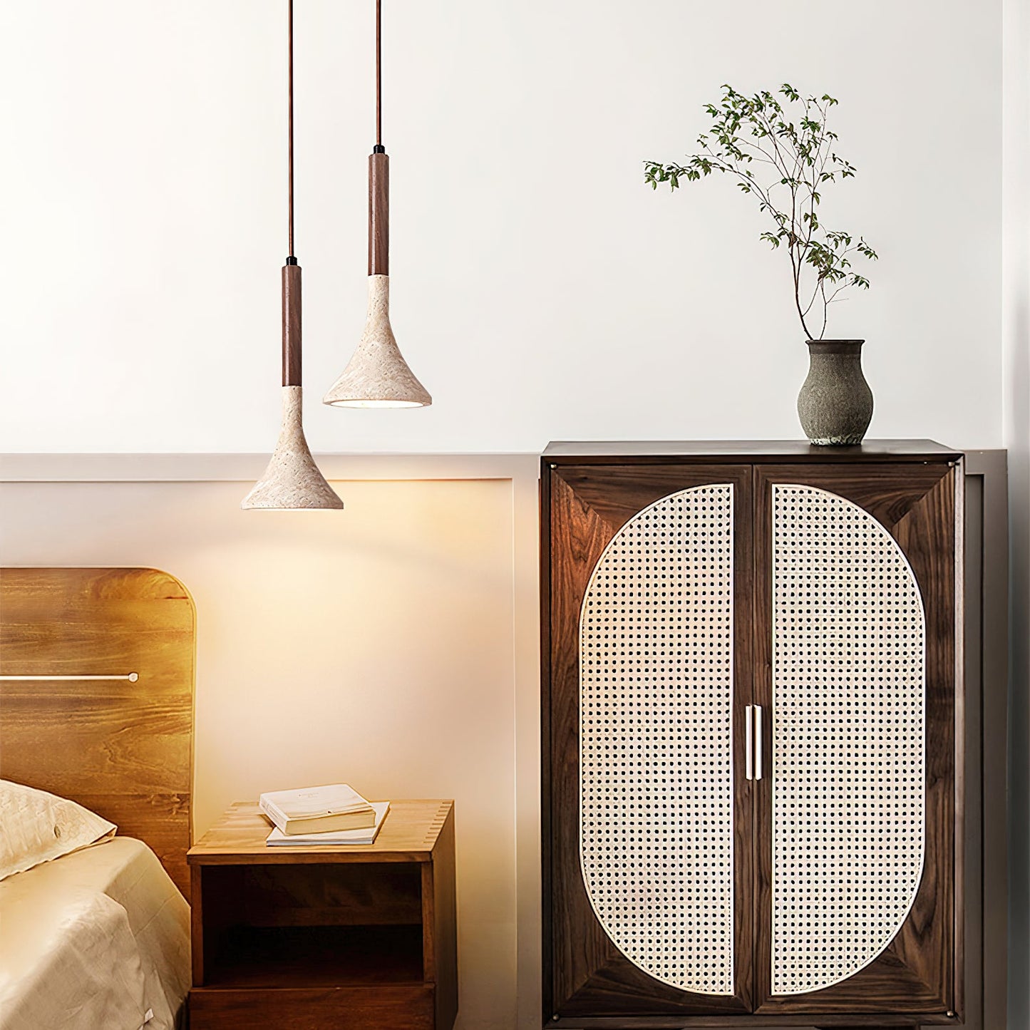 SerenoTrav | Suspension en Travertin Naturel – Design Minimaliste – Finition Bois & Pierre
