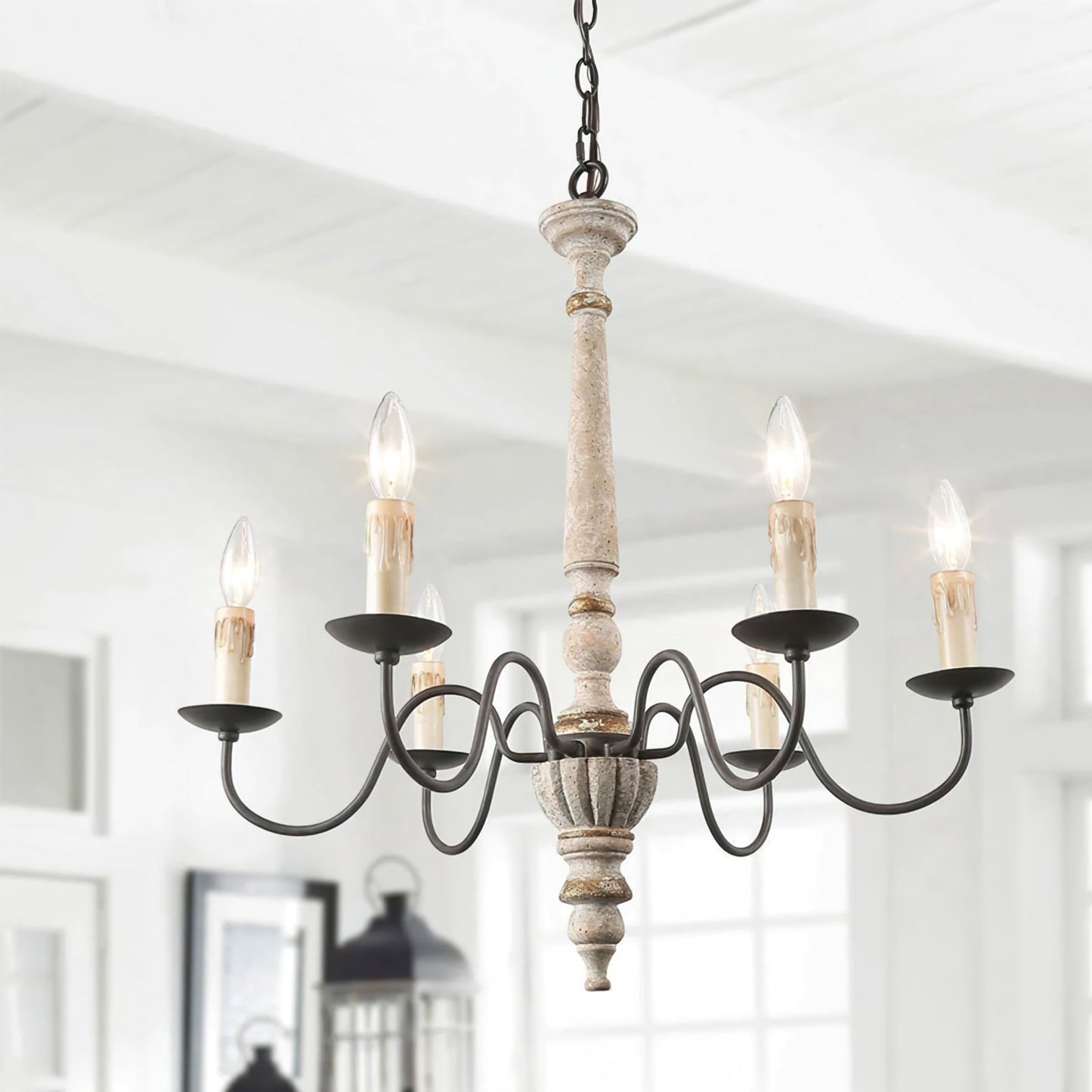 AvignonLustre – Lustre Rustique en Bois & Métal | 6 Ampoules Style Bougie
