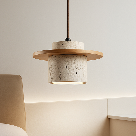AetherNova | Suspension en Travertin & Bois – Design Rétro avec Câble Réglable