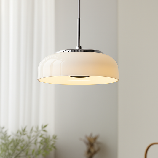 ORLUMA – Suspension Design Bauhaus | Verre Opalin & Chrome | LED Intégrée | Ø23 cm