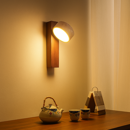 Ciment Chíc | Applique Murale en Travertin & Bois – Design Minimaliste – LED 3W – Style Industriel & Japandi