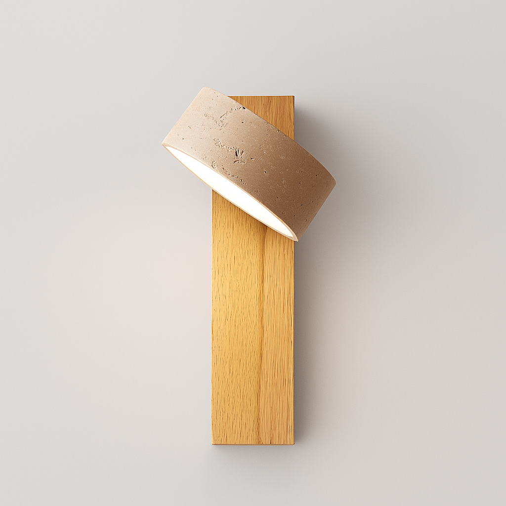 Ciment Chíc | Applique Murale en Travertin & Bois – Design Minimaliste – LED 3W – Style Industriel & Japandi