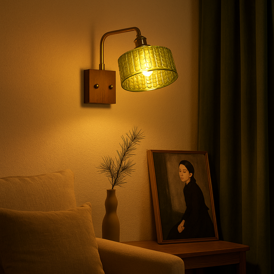Camely – Applique Murale Élégante en Verre Vert et Bois Naturel