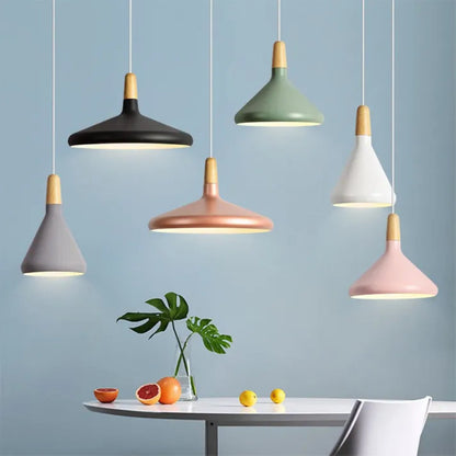 Lampe Suspendue en Aluminium et Bois - Luminaire Suspendu Conique de 18 cm pour Salle à Manger avec Finitions Colorées 2