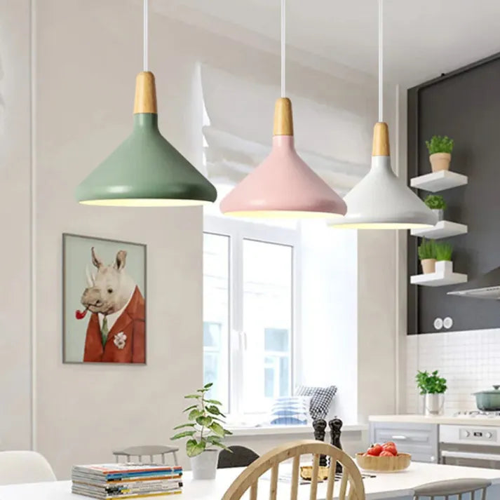 Lampe Suspendue en Aluminium et Bois - Luminaire Suspendu Conique de 18 cm pour Salle à Manger avec Finitions Colorées 3