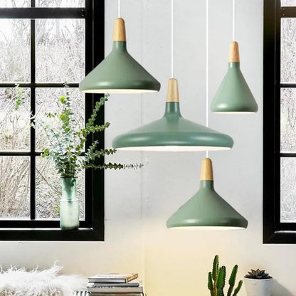 Lampe Suspendue en Aluminium et Bois - Luminaire Suspendu Conique de 18 cm pour Salle à Manger avec Finitions Colorées 4