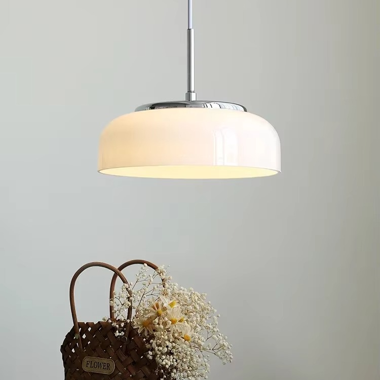 ORLUMA – Suspension Design Bauhaus | Verre Opalin & Chrome | LED Intégrée | Ø23 cm