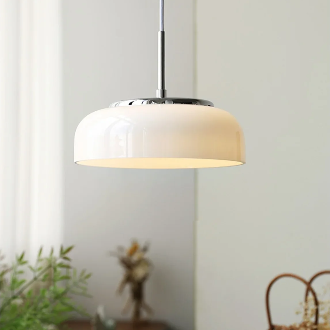 ORLUMA – Suspension Design Bauhaus | Verre Opalin & Chrome | LED Intégrée | Ø23 cm